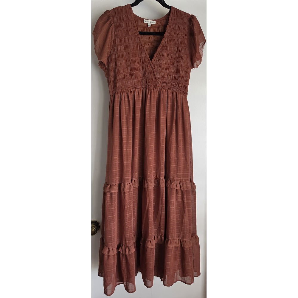 Moon River Maxi Dress L Rust Tiered V-Neck Short Sleeve Boho Unfinished Sleeves